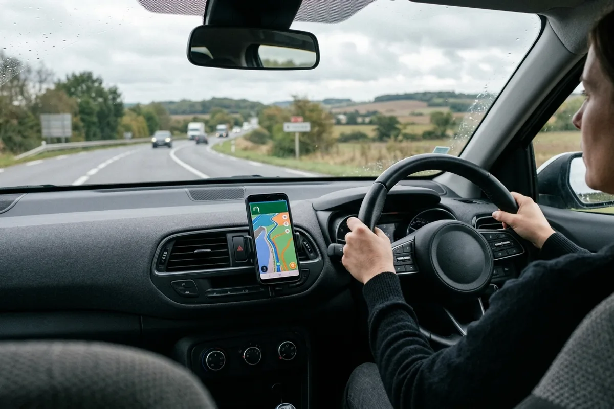 Application GPS Waze en France : écran de navigation affiché sur le tableau de bord d'une voiture
