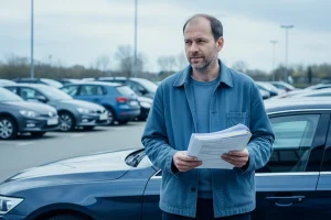 Conducteur consultant sa carte grise pour calculer le cheval fiscal de son véhicule dans un parking