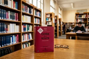 Code de la route Dalloz édition 2026 posé sur une table de bibliothèque
