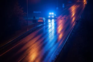 Conduite dangereuse : contrôle de gendarmerie de nuit, gyrophares bleus sur une route mouillée