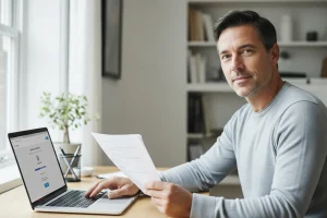 Homme consultant ses points de permis sur son ordinateur à domicile, consulter points permis