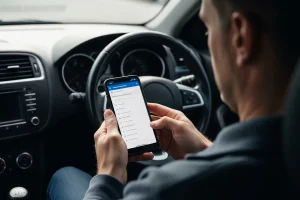 Conducteur consultant son solde de points permis sur smartphone dans une voiture