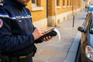 Policier en tenue officielle utilisant un terminal electronique pour dresser un PV sur un trottoir parisien
