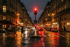 Feu rouge illuminé dans un carrefour urbain de nuit - contester une amende feu rouge