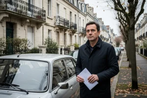 Conducteur tenant un avis d'amende majorée devant sa voiture, procédure de contestation