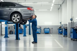 Contrôle technique d'une voiture surélevée sur un pont, technicien inspectant le dessous en atelier
