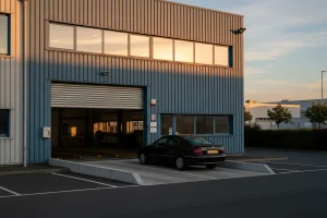 Centre de controle technique agree, voiture noire garee devant l'entree industrielle, lumiere de coucher de soleil