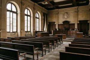Salle d'audience vide d'un tribunal de police français, bois sombre et lumière naturelle