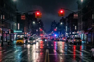 Carrefour la nuit avec feu rouge allumé et reflets bleu-rouge de gyrophare