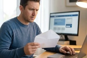 Comment retrouver une amende non reçue : homme perplexe consultant un courrier devant un ordinateur