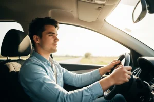 Jeune conducteur au volant en periode de permis probatoire sur une route de campagne