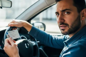 Conducteur tenant son permis de conduire avec une expression préoccupée