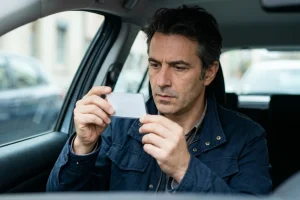 Conducteur de 40 ans en veste marine examinant attentivement son permis de conduire