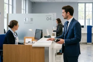 Homme en costume bleu marine face à un guichet de préfecture pour récupérer son permis de conduire après suspension