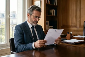 Conducteur lisant une lettre de suspension de permis dans un bureau parisien, illustrant le recours en référé-suspension