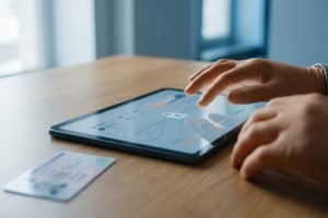 Main manipulant une tablette numérique affichant des informations, illustrant la consultation du solde points permis