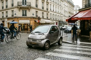 Voiture stationnée dangereusement au bord d'une intersection dans une rue de ville
